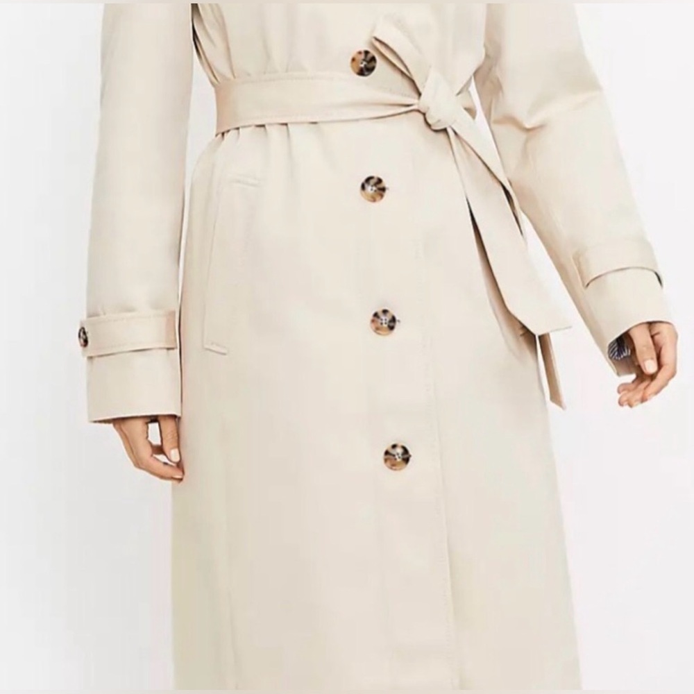 LOFT Ann Taylor Long Tan Khaki Belted Trench Coat Spring Preppy Casual L - Picture 3 of 15
